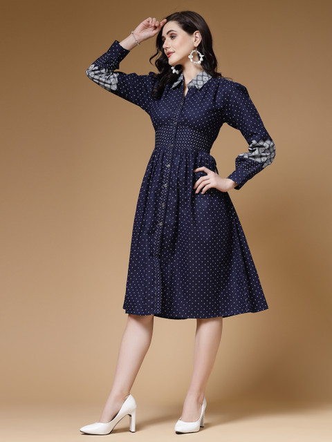 indibelle Women A-line Dark Blue, White Midi/Calf Length Dress - Buy  indibelle Women A-line Dark Blue, White Midi/Calf Length Dress Online at  Best Prices in India | Flipkart.com