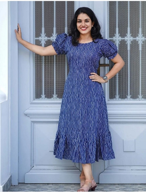 Lazzly Women Ethnic Dress Blue, White Midi/Calf Length Dress