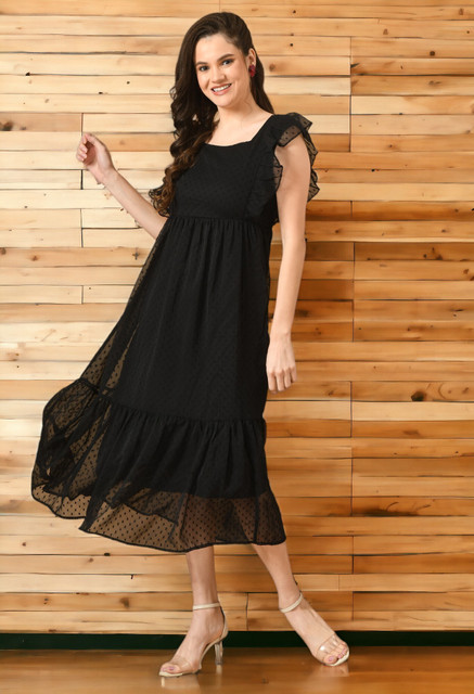 IUGA Women Fit and Flare Black Midi/Calf Length Dress