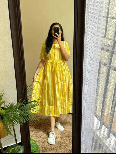 Lamenda Women Fit and Flare Yellow Below Knee Dress