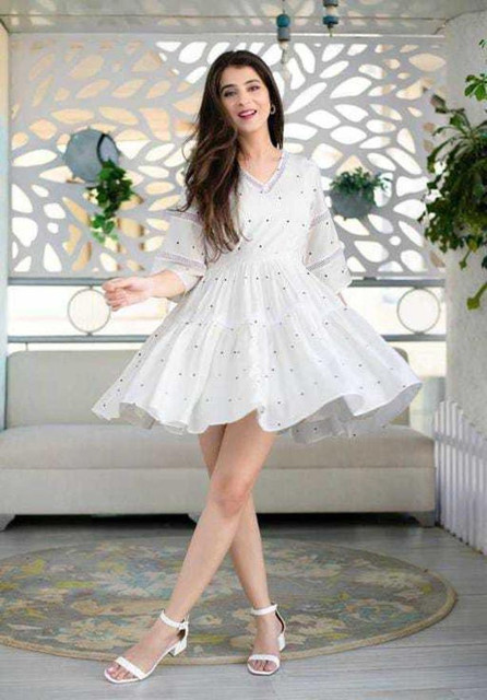 Atulethnics Women Fit and Flare White Above Knee/Mid Thigh Length Dress