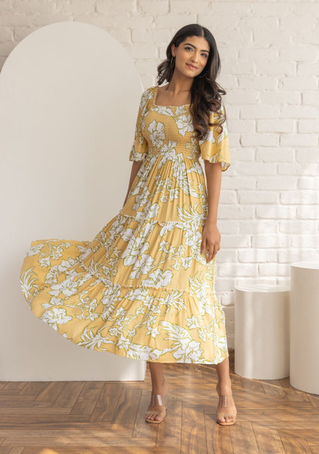 starword Women Fit and Flare Yellow Maxi/Full Length Dress