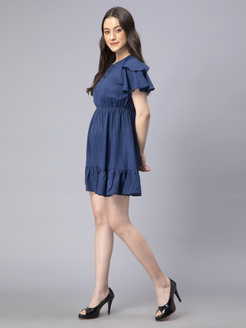 DRAPE AND DAZZLE Women Fit and Flare Dark Blue Above Knee/Mid