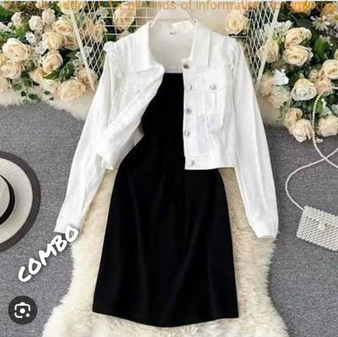 RKK COLLECTIONS Women Two Piece Dress Black, White Above Knee/Mid