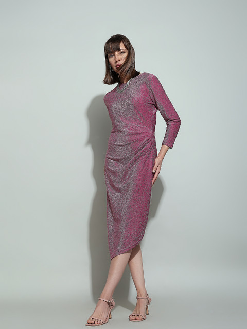 VERO MODA Women Fit and Flare Pink, Maroon Midi/Calf Length Dress