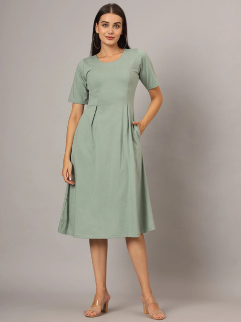 BRINNS Women A-line Light Green Midi/Calf Length Dress