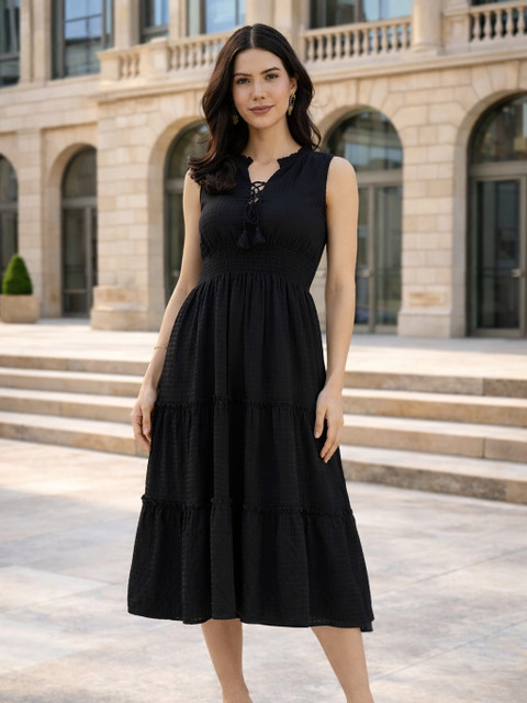 URBAN RELIGION Women Gathered Black Midi/Calf Length Dress