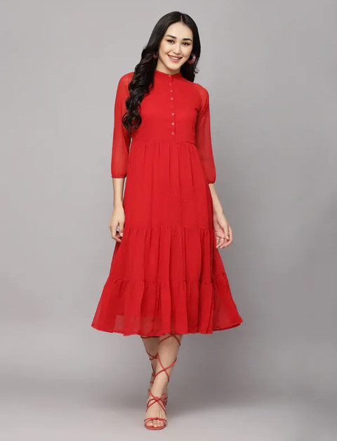 RT WORLDS STORE SHOP FASHION Women Fit and Flare Red Midi/Calf Length Dress  - Buy RT WORLDS STORE SHOP FASHION Women Fit and Flare Red Midi/Calf Length  Dress Online at Best Prices
