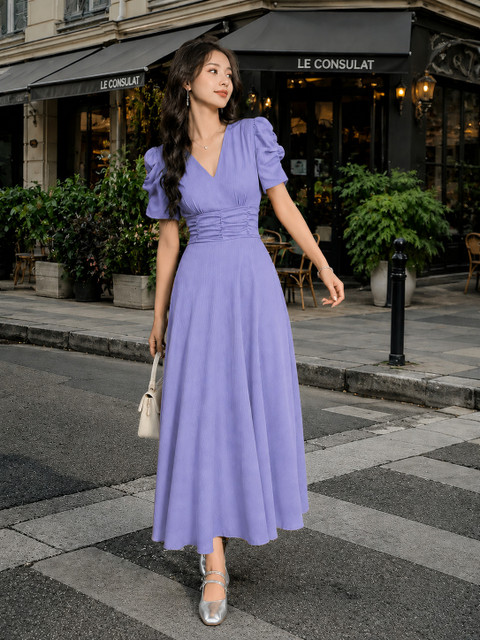 dark purple knee length dress Homecoming Knee Length Solid Purple Dress Cute Purple Knee Length Satin knee length purple cocktail dress