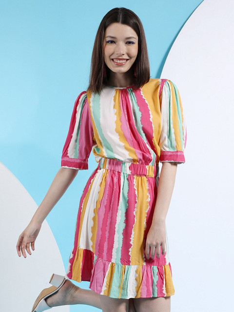 The Indian Garage Co. -Freehand Women Fit and Flare Multicolor Midi/Calf  Length Dress - Buy The Indian Garage Co. -Freehand Women Fit and Flare  Multicolor Midi/Calf Length Dress Online at Best Prices