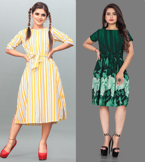 Hiral Creation Women Fit and Flare Green Below Knee Dress Hiral Creation Women Fit and Flare Green Below Knee Dress