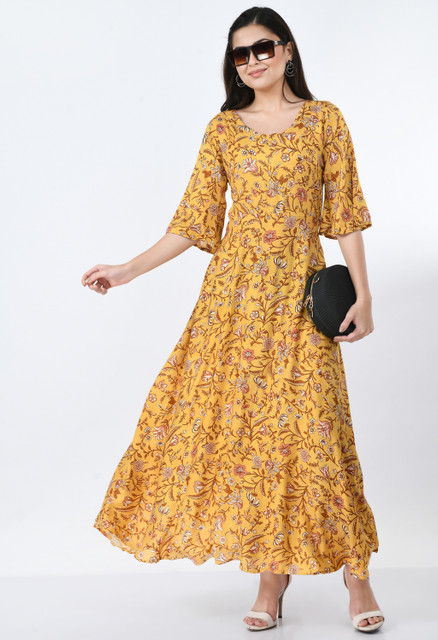 mustard yellow fit and flare dress Shop Mustard Fit And Flare Dress With Ruffle - for Women | OUTZIDR main image 0