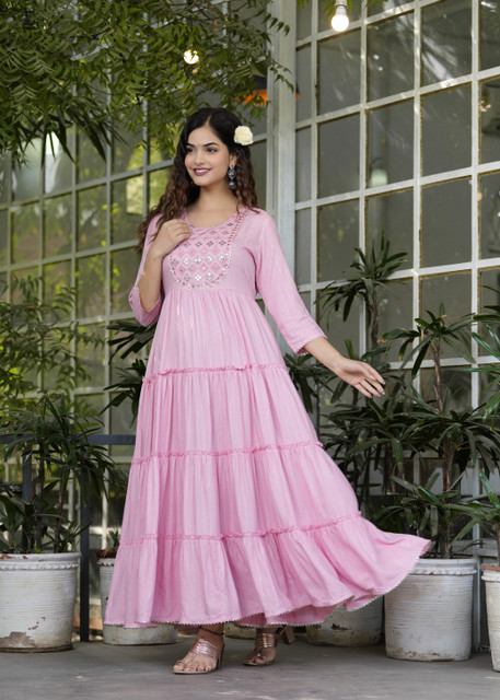 CHARVI CREATION Women Fit and Flare Pink Maxi/Full Length Dress