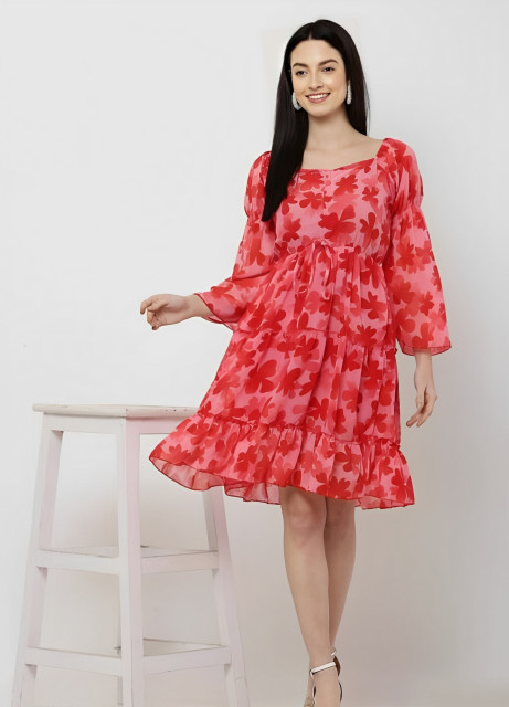 knee length dresses online india Blue Floral Festive Silk Knee-Length Dress