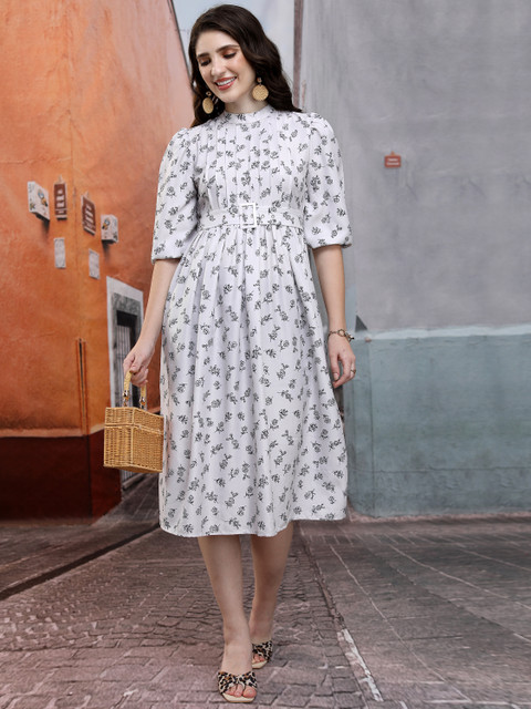 Square Neck Womens Midi Dress With Sleeves Tokyo Talkies Women A-line Beige  Midi/Calf Length