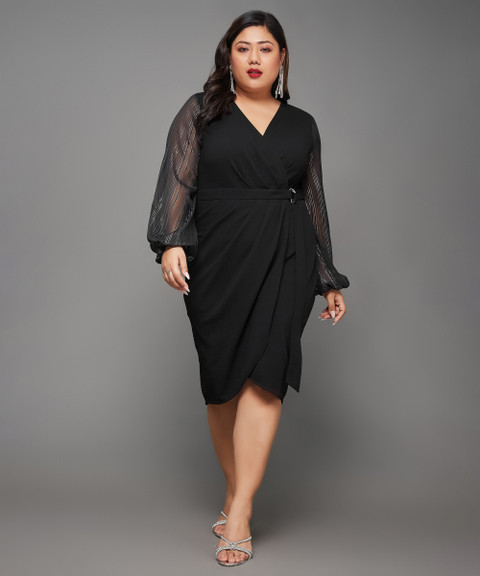 Miss Chase Women Wrap Black Knee Length Dress