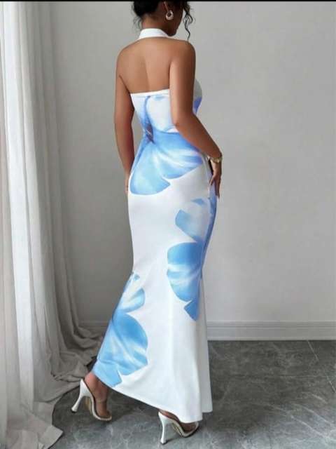 KHATUSYAMJI Women Fit and Flare White, Blue Maxi/Full Length Dress view 4