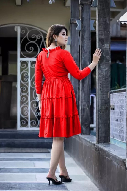 HHVHSH FASHION Women Fit and Flare Red Midi/Calf Length Dress