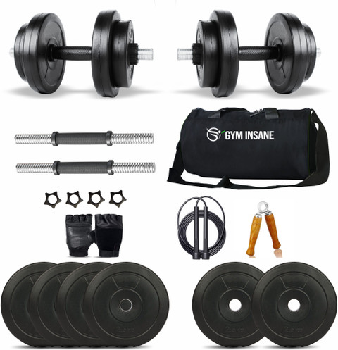 Gym Insane 15 kg Home gym set gym equipment 15kg PVC Plate exercise fitness  kit, with accessories Home Gym Combo