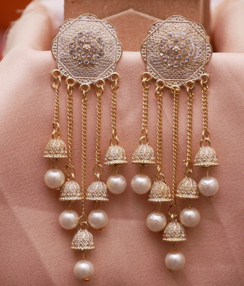 Kwickk Wedding Traditional Ethnic White Color Oxidized Jhumka Chain  Earrings for Girls Alloy Drops Danglers