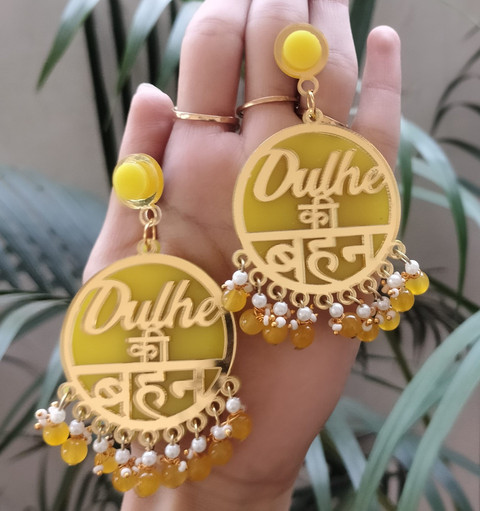 SilvAura yellow dulhe ki behen earrings with heavy glass beads and pearls  haldi jewelry Beads Acrylic Drops Danglers