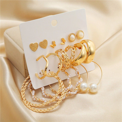 Vembley Combo Pair Stunning Golden Gold Plated Pearl Alloy Hoop Earring