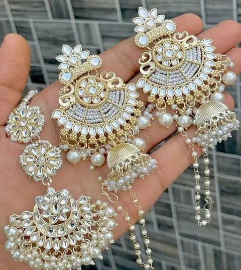 HHJEWELRY WHITE TRANDING EARRINGS MAANGTIKKA COMBO PACK FOR WOMEN Beads  Brass Chandbali Earring, Clip-on Earring, Earring Set
