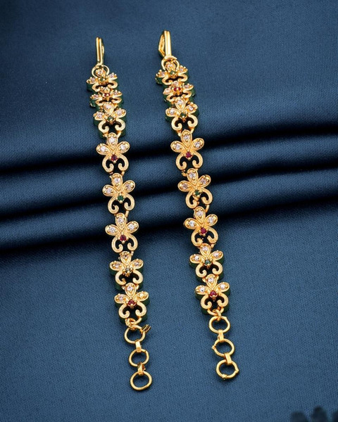 Pushp Creation Gram Gold Plated Studded Earchain/Kanser/Kaan Chain  For Women And Cubic Zirconia Brass Ear Thread