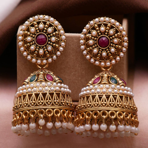 TINALIVA Traditonal Ethnic Pearl Studded Gold Platted Big Jhumka Jhumki For  Girl Pearl Alloy Jhumki Earring, Drops Danglers, Chandbali Earring