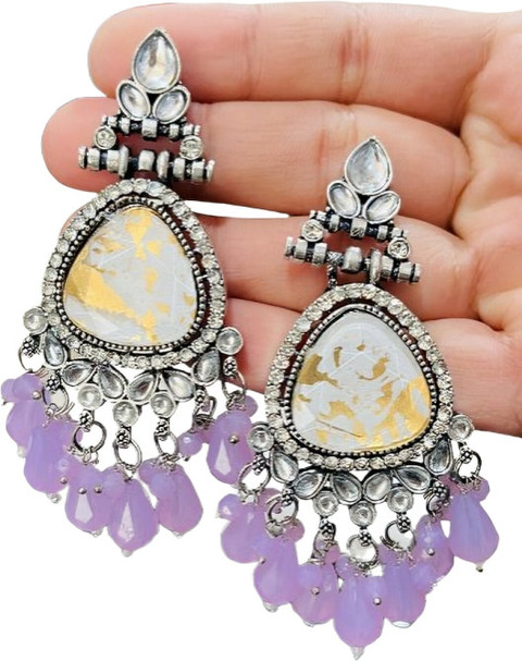 Opus Gems Gauri FashionHub Lavender Silver Kundan Earrings – Oval Style  for Women Alloy Earring Set