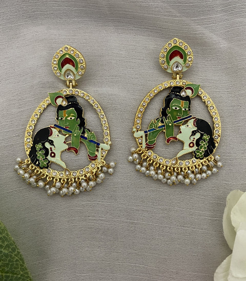 Fashion Theme Gold Plated Traditional Radha Krishna Jhumka Earrings with  Kundan Green Jhumkas Cubic Zirconia, Beads, Pearl Brass Drops Danglers