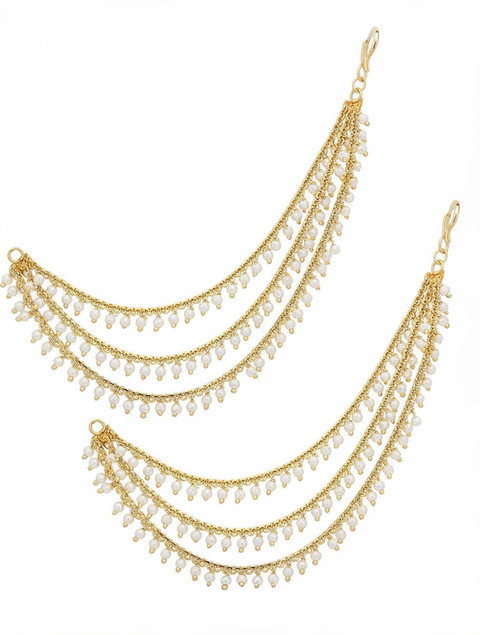 MEENAZ one gram gold Polish 22k Plated Traditional Temple Jewellery  Bahubali Brass Copper Ear Chain White pearl Studded Kan chain south indian 