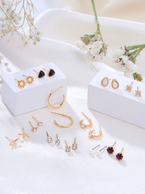 YELLOW CHIMES Gold Earrings Combo of 12 Pair Stud Hoop Earrings Geometric  Shaped Earrings Crystal Alloy Hoop Earring, Stud Earring