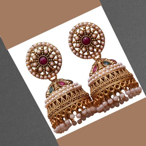 Flaring Gold traditinal jhumkas earring for women and girls Pearl Alloy Jhumki Earring - Image 7