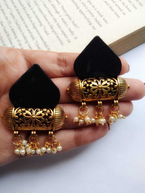 Tanu Women's Handmade Paan Dholna Ethinic Gold Plated Pearl Fabric Stud  Earring