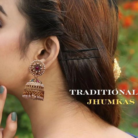 Flaring Gold traditinal jhumkas earring for women and girls Pearl Alloy Jhumki Earring - Image 6