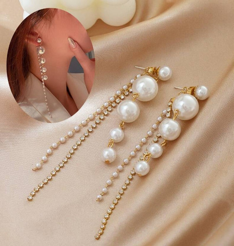 zayraa Korean Earrings Pearl Long Chain Ad stone Stud western Earrings For  Women Girls Pearl, Crystal, Cubic Zirconia, Diamond Alloy Earring Set,