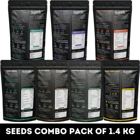 Nutritoz Mix Super Seeds Combo 1.4 Kg Pack of 7 for Weight Loss with Omega-3 (200G EACH) Chia Seeds, Brown Flax Seeds, Pumpkin Seeds, Sunflower Seeds, Basil Seeds, Sesame Seeds, Watermelon Seeds (7 x 200 g) - Image 4