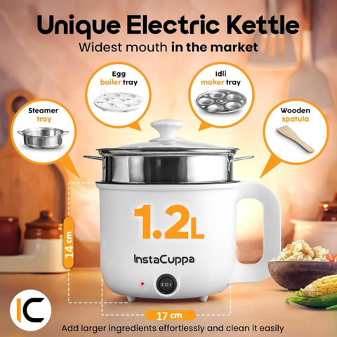 InstaCuppa 3-in-1 Multi Cook Kettle with Steamer Non-Stick Inner Pot  600 Watts Multi Cooker Electric Kettle