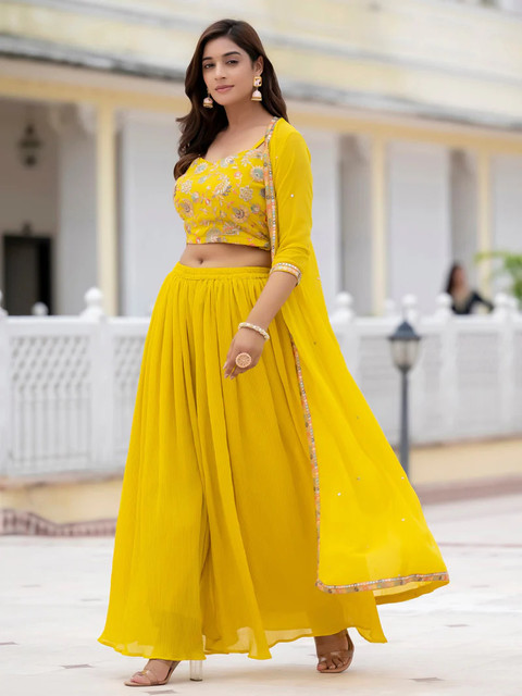 Yellow Crop Crop Top Plazo And Long Jacket Crop Top Skirt With