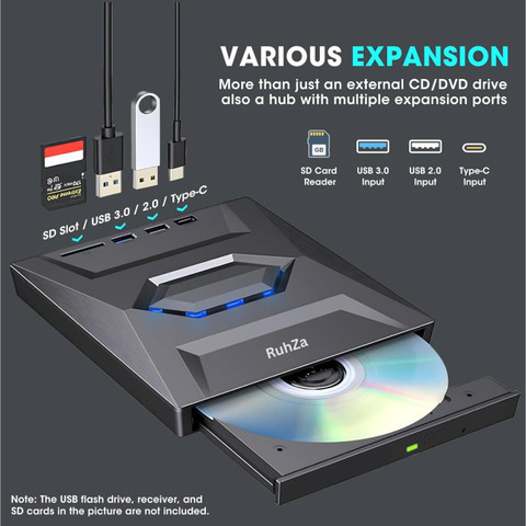 RuhZa CD DVD Drive with USB 3.0 & USB-C Ports & SD Card Slot