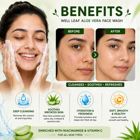 Well Leaf Aloe Vera with Niacinamide & Vitamin C Face Wash - Price in  India, Buy Well Leaf Aloe Vera with Niacinamide & Vitamin C Face Wash  Online In India, Reviews, Ratings