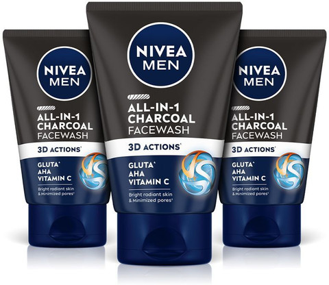 Nivea Men All In One Charcoal, Combo Vitamin C, Gluta, AHA ,Brighten Radiant Skin Cleanser Face Wash
