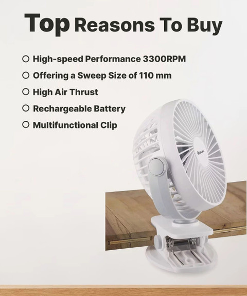 BAJAJ Pygmy Mini Personal Fan USB Rechargeable with Year Warranty Ultra  High Speed 110 mm Table Fan