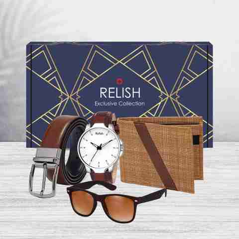 Relish Boys Gift Combo Brown Watch,Wallet, Belt,Sunglasses| Paper Gift Box