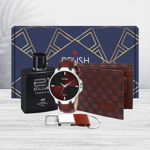 Relish Brown Dial Watch, Wallet with Perfume Keychain Combo for - Main Image