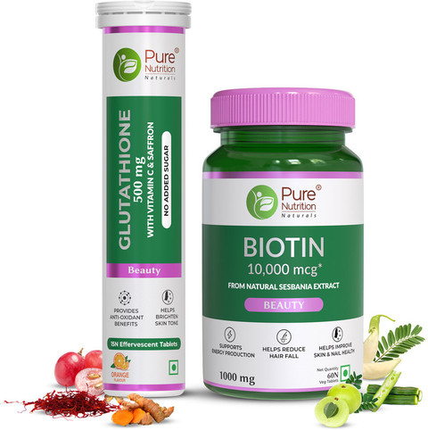Pure Nutrition Glutathione 500mg + Biotin 10000mcg For Healthy Skin and  Stronger Hair Price in India