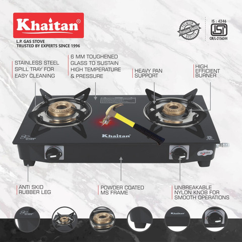 Khaitan Burner BP Nano MS Black Glass Manual Gas Stove