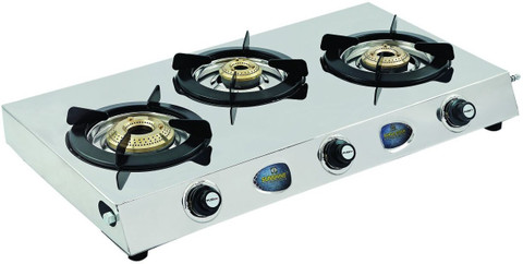 SUNSHINE Triple cook gas stove burner, ISI Certified, Stainless Steel Manual Gas Stove