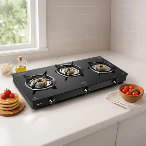 Glen Burner Toughened Glass Top LPG Gas Stove Brass Burners ISI  Certified Glass Manual Gas Stove